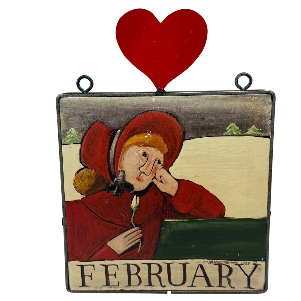 Nancy Thomas 1988 February Calendar Tile Plaque Folk Art Metal Frame Heart 8x8